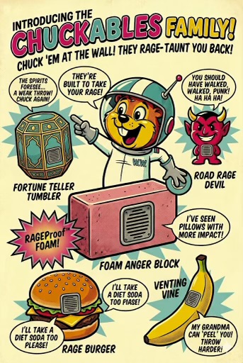 CHUCKABLES family poster: mascot in space suit with Fortune Teller Tumbler, Road Rage Devil, Foam Anger Block, Rage Burger, and Venting Vine products.